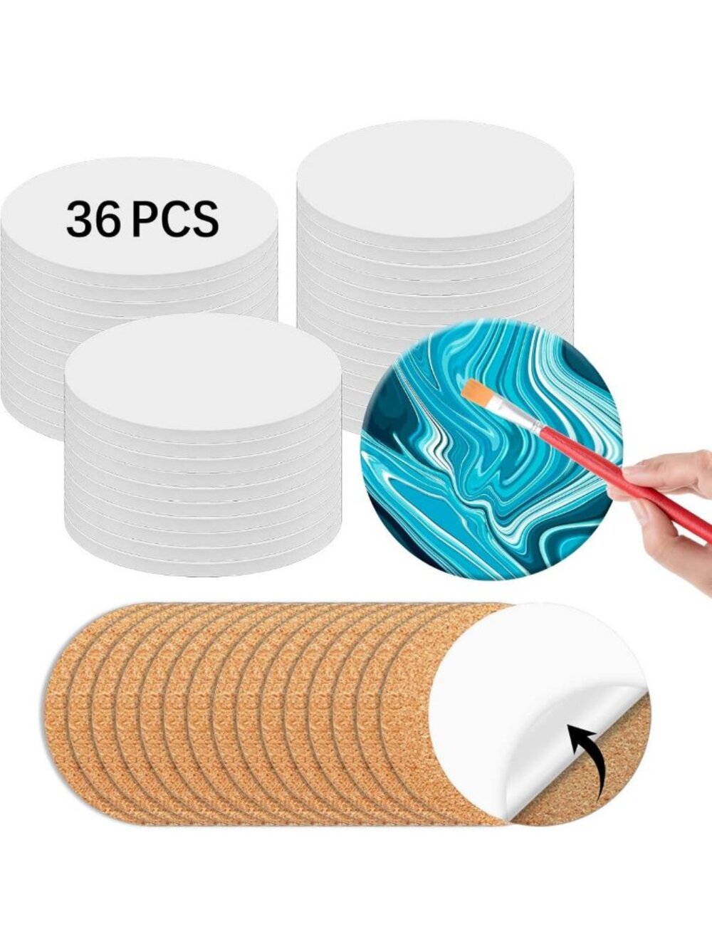 36 PCS 4x4" Round Unglazed Ceramic Tiles & Self-Adhesive Cork Mat for DIY Crafts